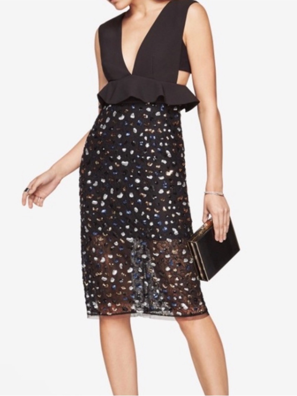 BCBGMaxAzria Rosalina Peplum Sequin Lace Black Formal Party Wedding Prom Dress 2